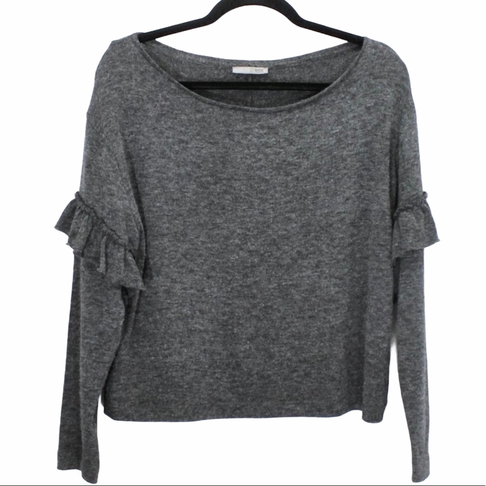 ZARA Charcoal Grey Thin Knit Top Ruffles S